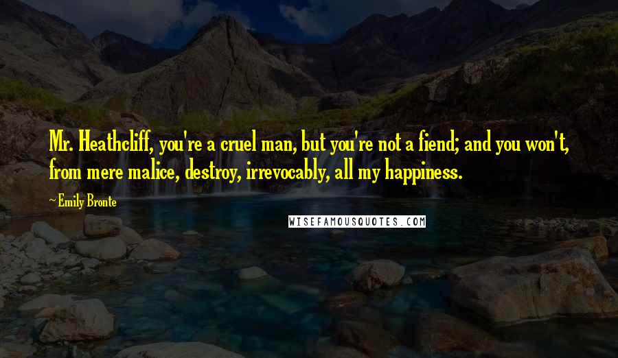 Emily Bronte Quotes: Mr. Heathcliff, you're a cruel man, but you're not a fiend; and you won't, from mere malice, destroy, irrevocably, all my happiness.