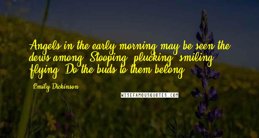 Emily Dickinson Quotes: Angels in the early morning may be seen the dews among. Stooping, plucking, smiling, flying. Do the buds to them belong?