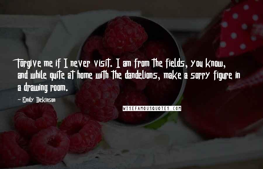 Emily Dickinson Quotes: Forgive me if I never visit. I am from the fields, you know, and while quite at home with the dandelions, make a sorry figure in a drawing room.