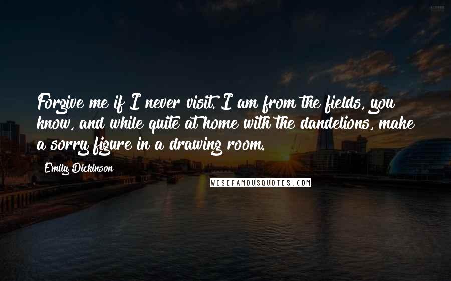 Emily Dickinson Quotes: Forgive me if I never visit. I am from the fields, you know, and while quite at home with the dandelions, make a sorry figure in a drawing room.