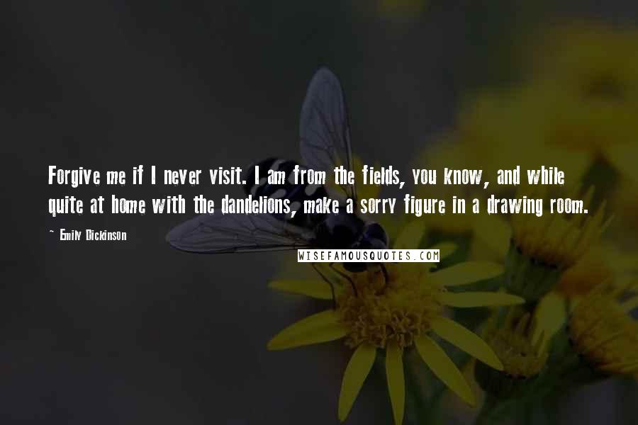 Emily Dickinson Quotes: Forgive me if I never visit. I am from the fields, you know, and while quite at home with the dandelions, make a sorry figure in a drawing room.