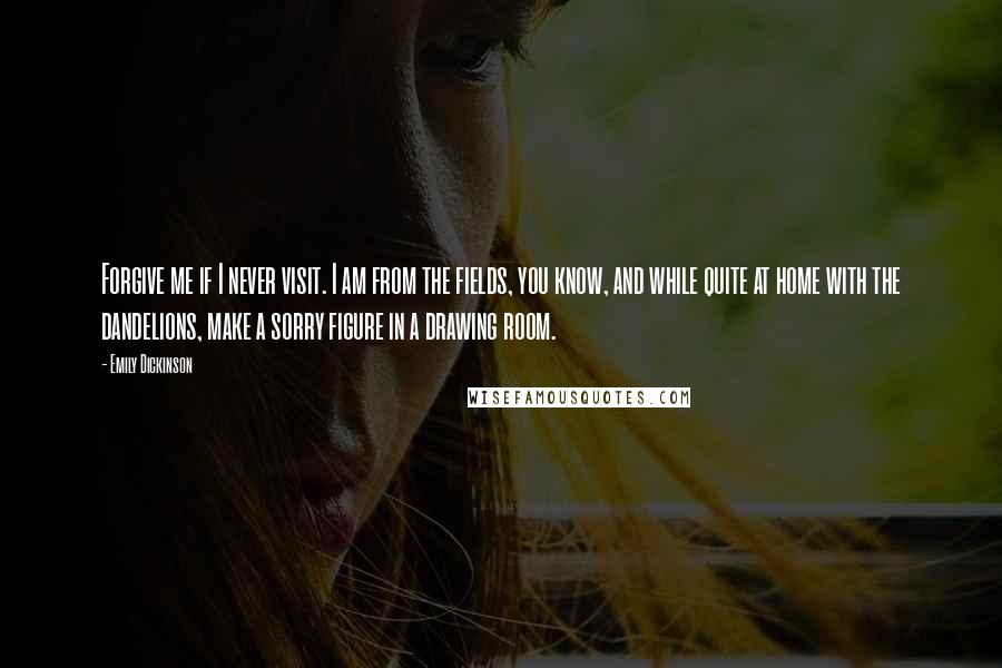 Emily Dickinson Quotes: Forgive me if I never visit. I am from the fields, you know, and while quite at home with the dandelions, make a sorry figure in a drawing room.