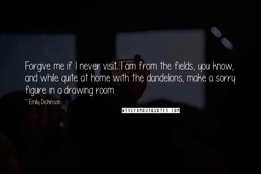 Emily Dickinson Quotes: Forgive me if I never visit. I am from the fields, you know, and while quite at home with the dandelions, make a sorry figure in a drawing room.