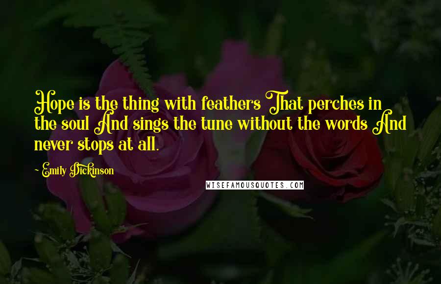 Emily Dickinson Quotes: Hope is the thing with feathers That perches in the soul And sings the tune without the words And never stops at all.