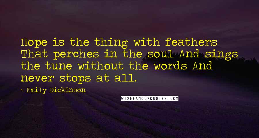 Emily Dickinson Quotes: Hope is the thing with feathers That perches in the soul And sings the tune without the words And never stops at all.