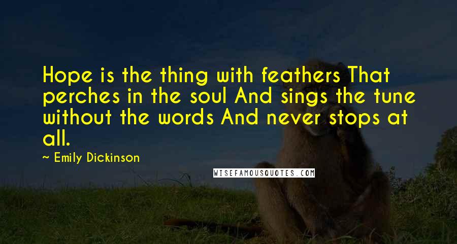 Emily Dickinson Quotes: Hope is the thing with feathers That perches in the soul And sings the tune without the words And never stops at all.