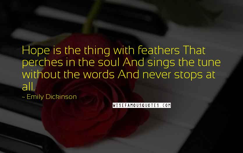 Emily Dickinson Quotes: Hope is the thing with feathers That perches in the soul And sings the tune without the words And never stops at all.