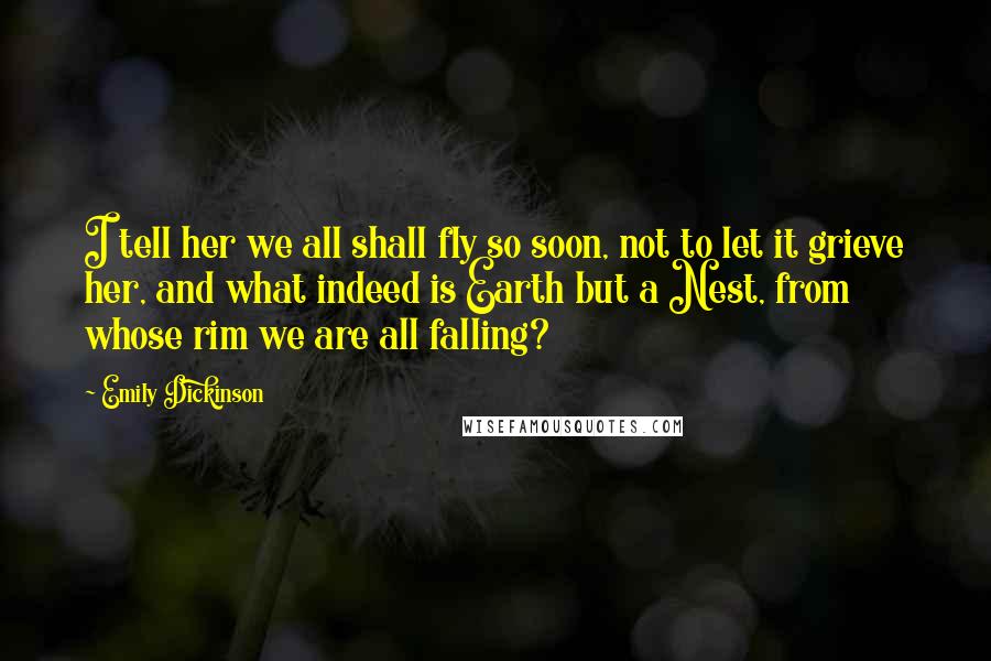 Emily Dickinson Quotes: I tell her we all shall fly so soon, not to let it grieve her, and what indeed is Earth but a Nest, from whose rim we are all falling?