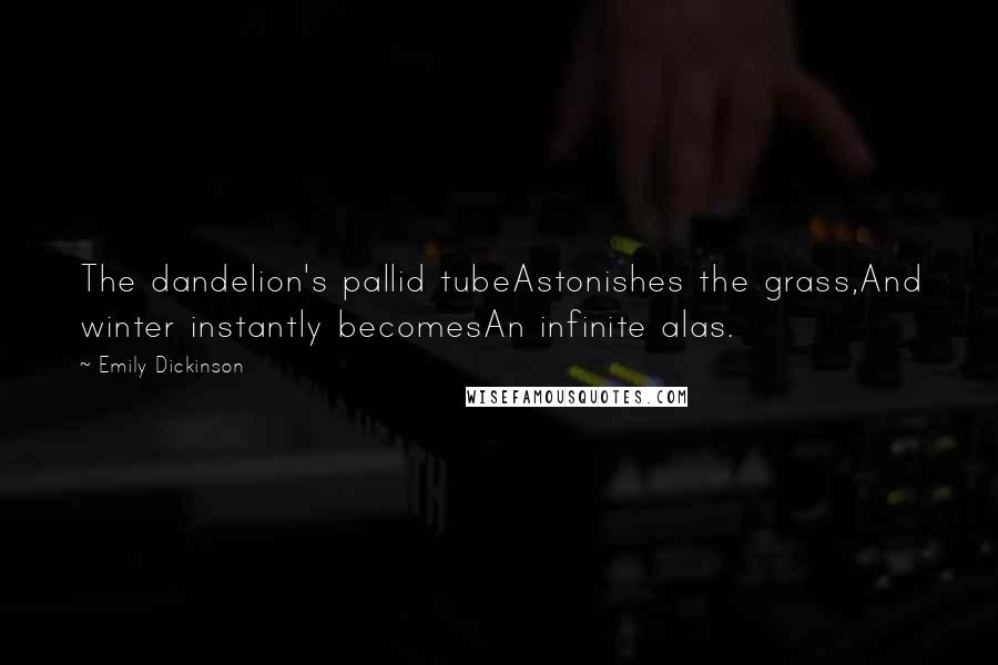 Emily Dickinson Quotes: The dandelion's pallid tubeAstonishes the grass,And winter instantly becomesAn infinite alas.