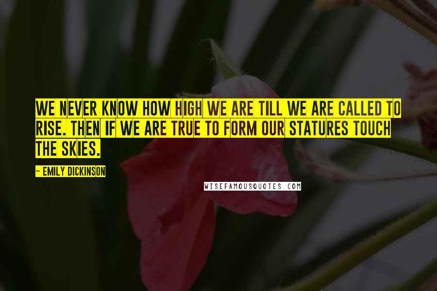 Emily Dickinson Quotes: We never know how high we are till we are called to rise. Then if we are true to form our statures touch the skies.