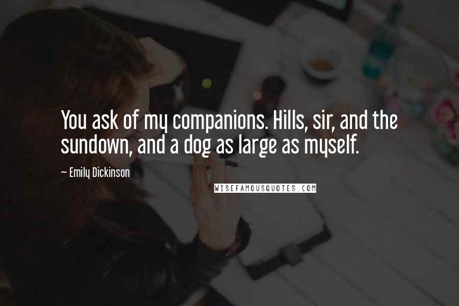 Emily Dickinson Quotes: You ask of my companions. Hills, sir, and the sundown, and a dog as large as myself.