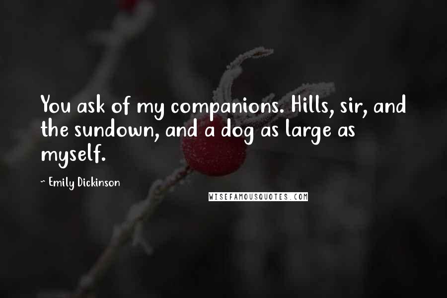 Emily Dickinson Quotes: You ask of my companions. Hills, sir, and the sundown, and a dog as large as myself.