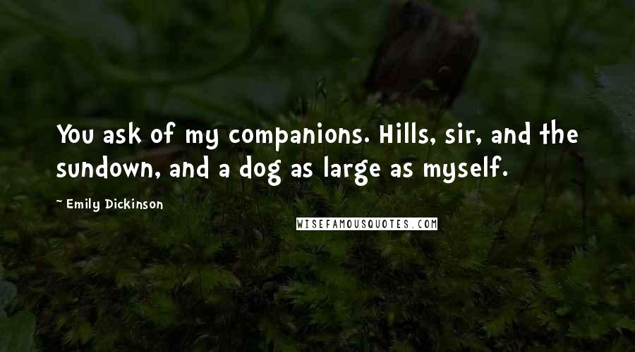 Emily Dickinson Quotes: You ask of my companions. Hills, sir, and the sundown, and a dog as large as myself.