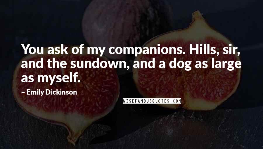 Emily Dickinson Quotes: You ask of my companions. Hills, sir, and the sundown, and a dog as large as myself.