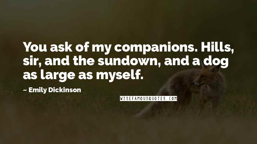 Emily Dickinson Quotes: You ask of my companions. Hills, sir, and the sundown, and a dog as large as myself.
