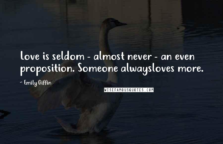 Emily Giffin Quotes: Love is seldom - almost never - an even proposition. Someone alwaysloves more.