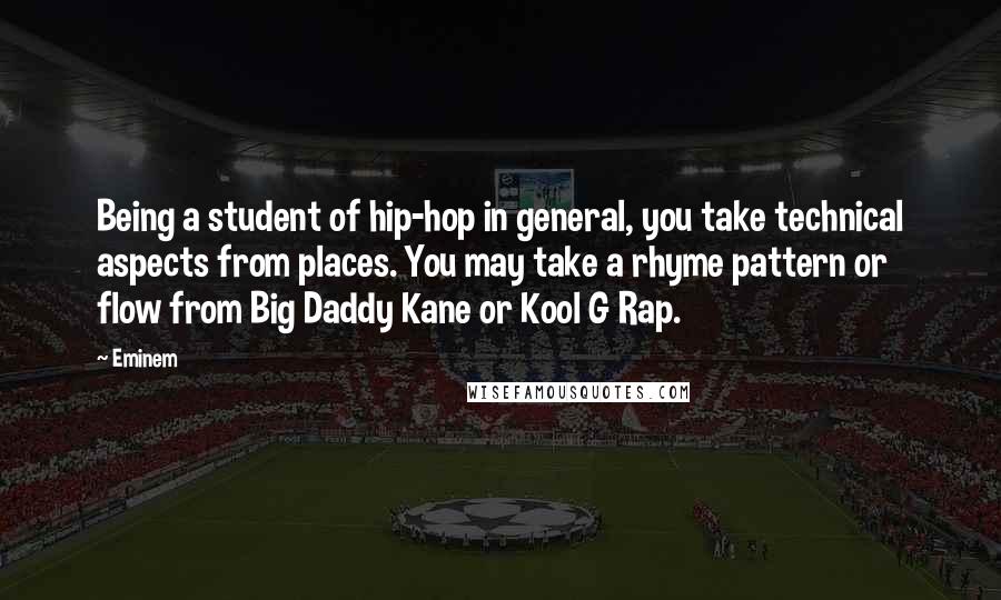 Eminem Quotes: Being a student of hip-hop in general, you take technical aspects from places. You may take a rhyme pattern or flow from Big Daddy Kane or Kool G Rap.