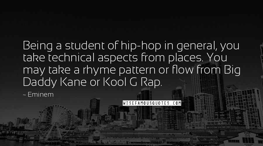Eminem Quotes: Being a student of hip-hop in general, you take technical aspects from places. You may take a rhyme pattern or flow from Big Daddy Kane or Kool G Rap.