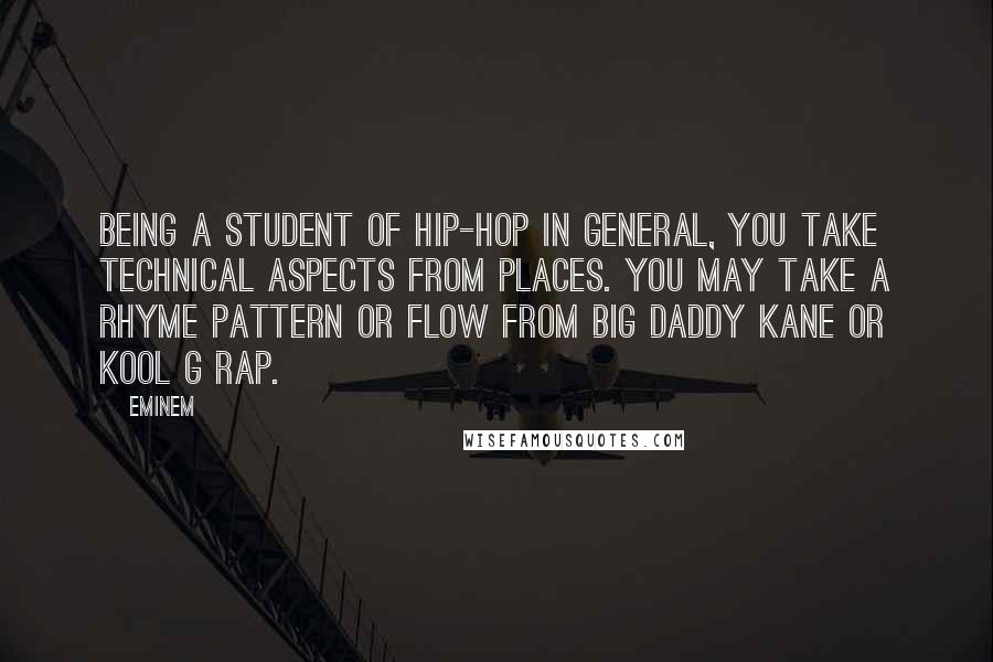 Eminem Quotes: Being a student of hip-hop in general, you take technical aspects from places. You may take a rhyme pattern or flow from Big Daddy Kane or Kool G Rap.