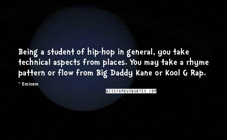 Eminem Quotes: Being a student of hip-hop in general, you take technical aspects from places. You may take a rhyme pattern or flow from Big Daddy Kane or Kool G Rap.