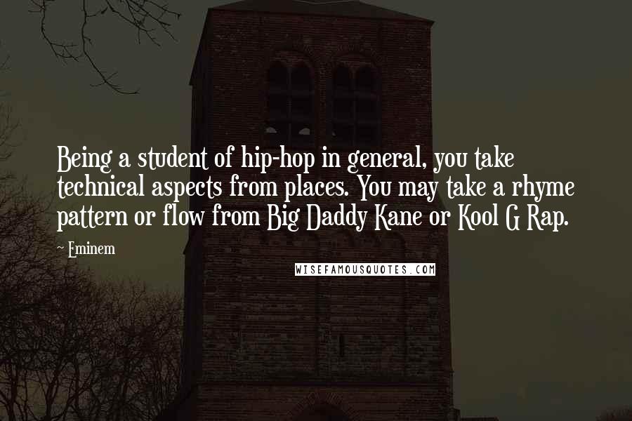 Eminem Quotes: Being a student of hip-hop in general, you take technical aspects from places. You may take a rhyme pattern or flow from Big Daddy Kane or Kool G Rap.