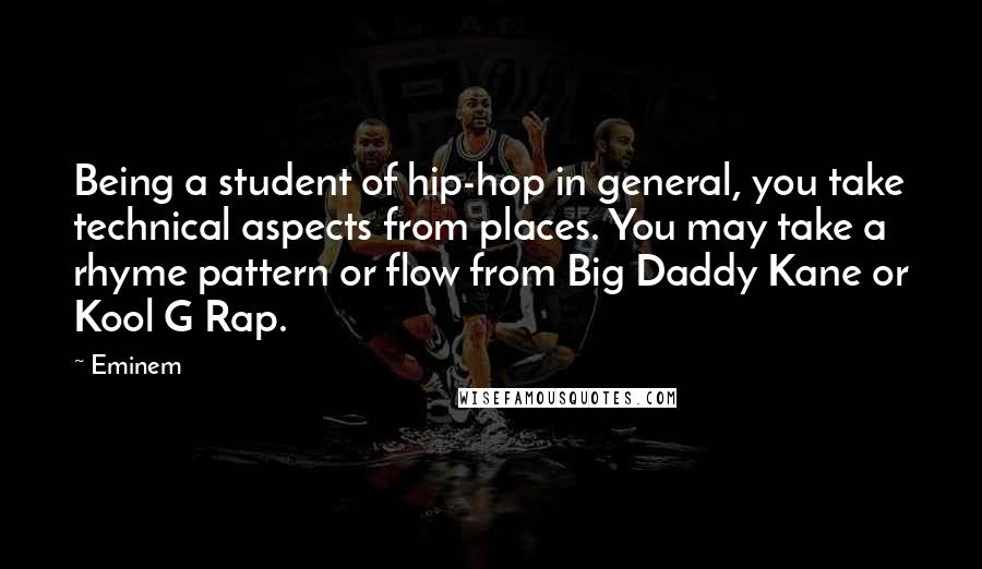 Eminem Quotes: Being a student of hip-hop in general, you take technical aspects from places. You may take a rhyme pattern or flow from Big Daddy Kane or Kool G Rap.
