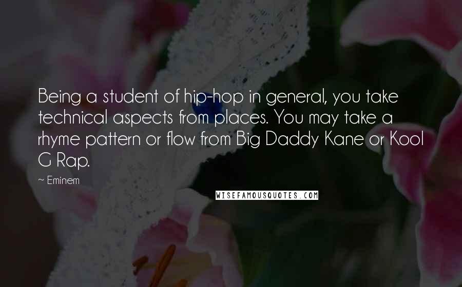 Eminem Quotes: Being a student of hip-hop in general, you take technical aspects from places. You may take a rhyme pattern or flow from Big Daddy Kane or Kool G Rap.