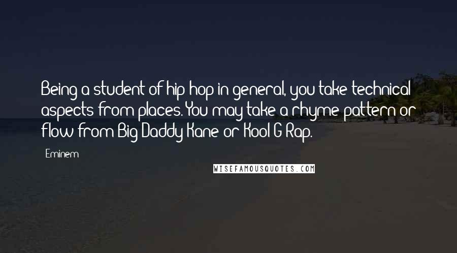 Eminem Quotes: Being a student of hip-hop in general, you take technical aspects from places. You may take a rhyme pattern or flow from Big Daddy Kane or Kool G Rap.