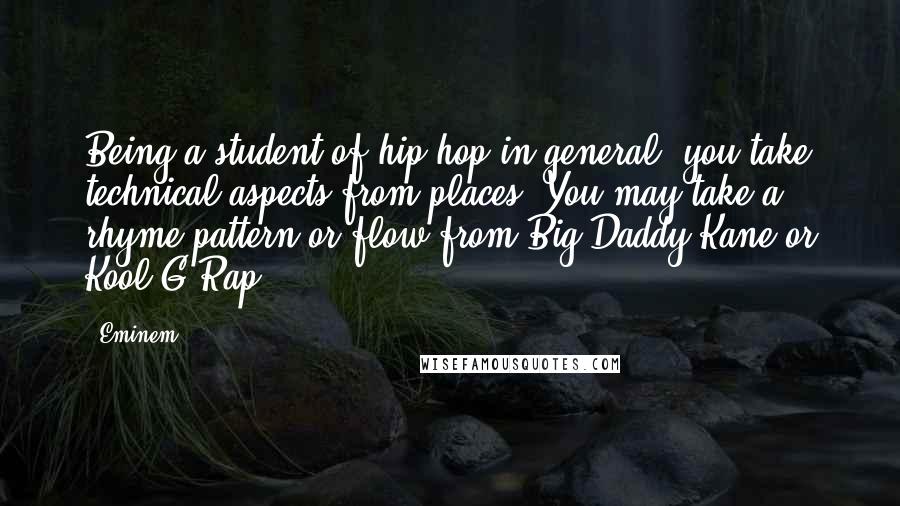 Eminem Quotes: Being a student of hip-hop in general, you take technical aspects from places. You may take a rhyme pattern or flow from Big Daddy Kane or Kool G Rap.