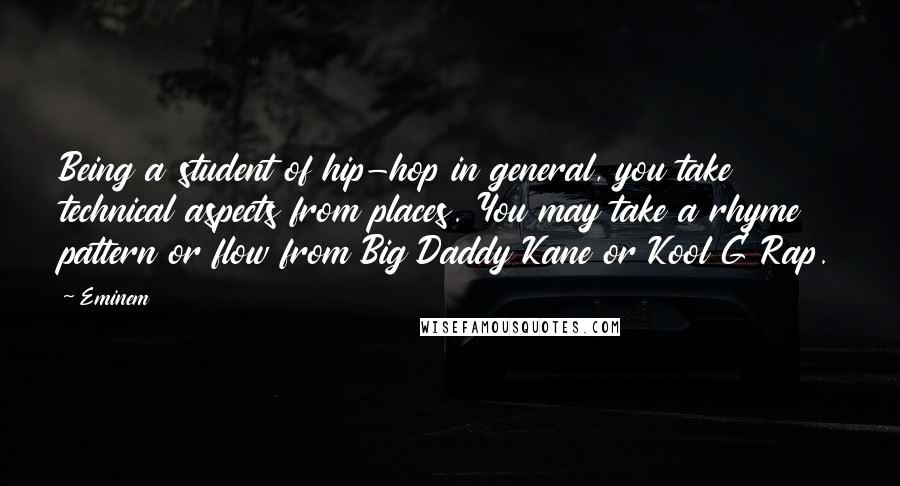 Eminem Quotes: Being a student of hip-hop in general, you take technical aspects from places. You may take a rhyme pattern or flow from Big Daddy Kane or Kool G Rap.
