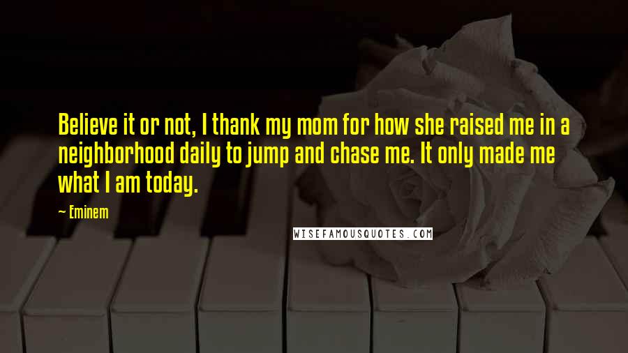 Eminem Quotes: Believe it or not, I thank my mom for how she raised me in a neighborhood daily to jump and chase me. It only made me what I am today.