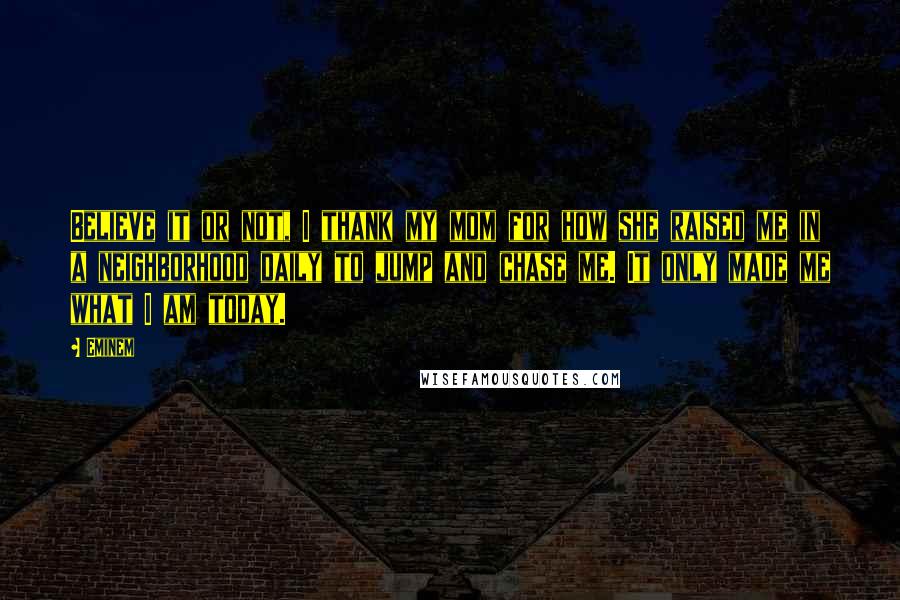 Eminem Quotes: Believe it or not, I thank my mom for how she raised me in a neighborhood daily to jump and chase me. It only made me what I am today.