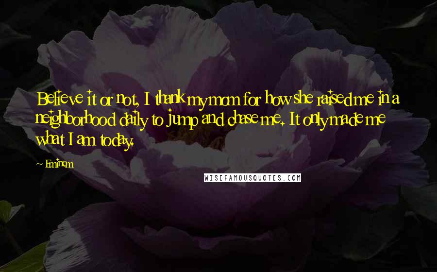 Eminem Quotes: Believe it or not, I thank my mom for how she raised me in a neighborhood daily to jump and chase me. It only made me what I am today.