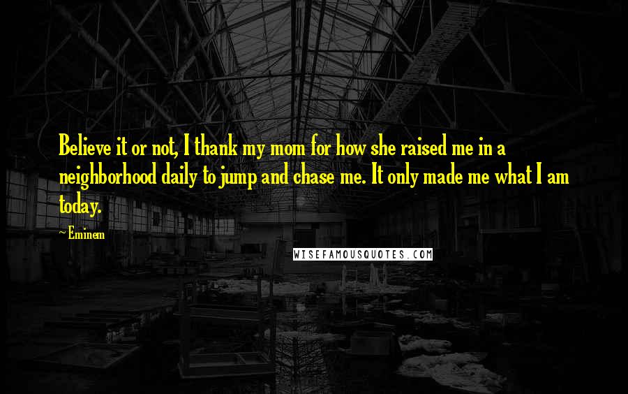 Eminem Quotes: Believe it or not, I thank my mom for how she raised me in a neighborhood daily to jump and chase me. It only made me what I am today.