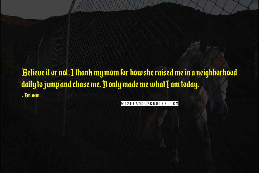 Eminem Quotes: Believe it or not, I thank my mom for how she raised me in a neighborhood daily to jump and chase me. It only made me what I am today.