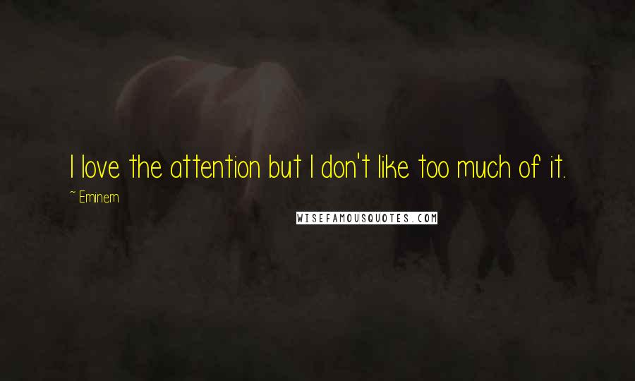 Eminem Quotes: I love the attention but I don't like too much of it.