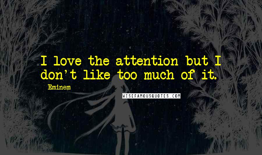 Eminem Quotes: I love the attention but I don't like too much of it.