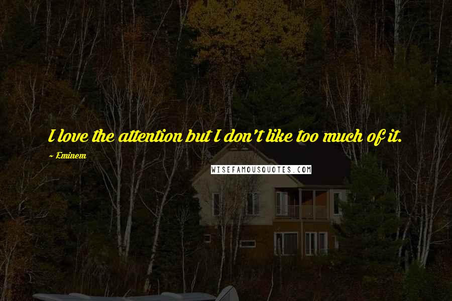 Eminem Quotes: I love the attention but I don't like too much of it.