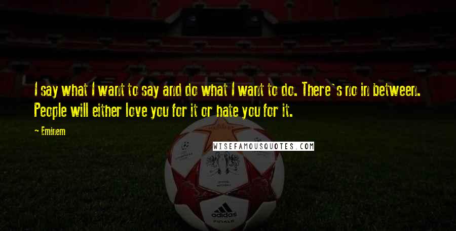 Eminem Quotes: I say what I want to say and do what I want to do. There's no in between. People will either love you for it or hate you for it.