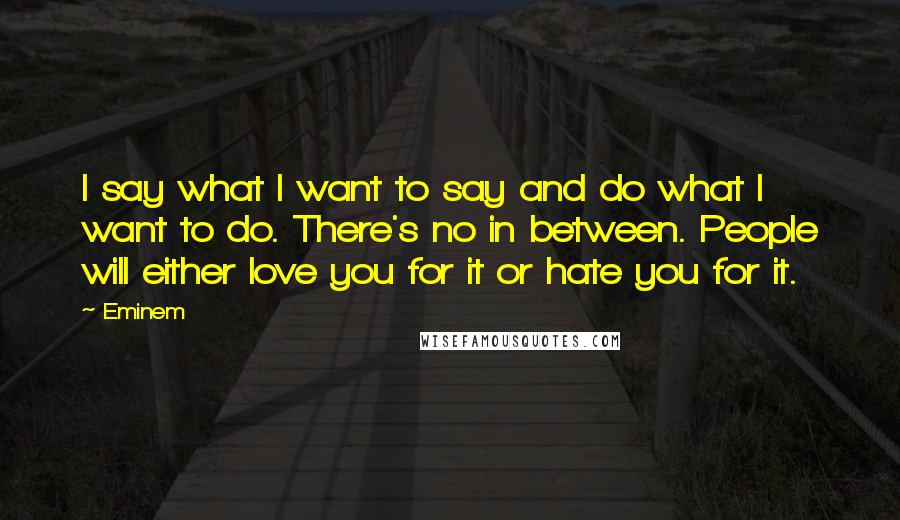 Eminem Quotes: I say what I want to say and do what I want to do. There's no in between. People will either love you for it or hate you for it.