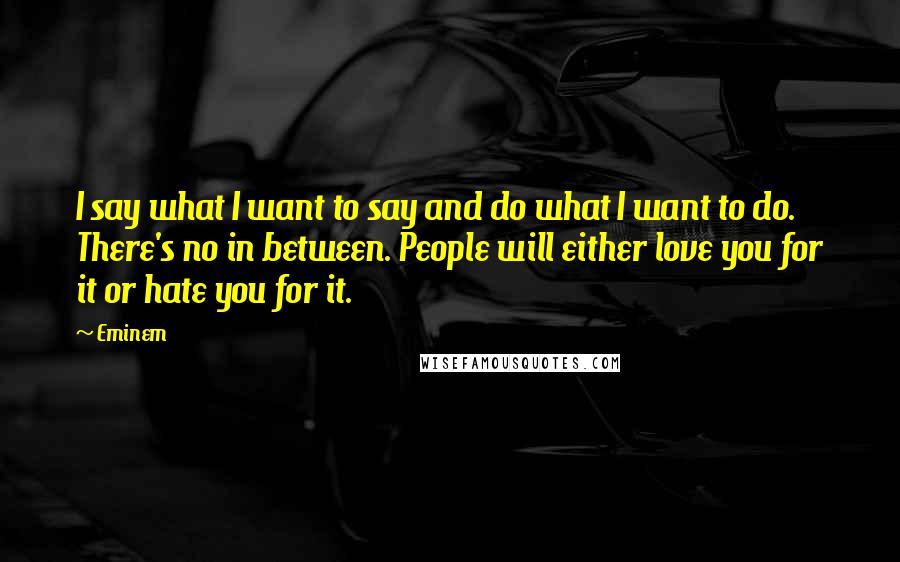 Eminem Quotes: I say what I want to say and do what I want to do. There's no in between. People will either love you for it or hate you for it.