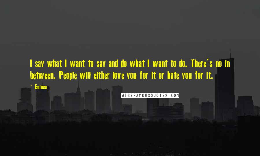 Eminem Quotes: I say what I want to say and do what I want to do. There's no in between. People will either love you for it or hate you for it.