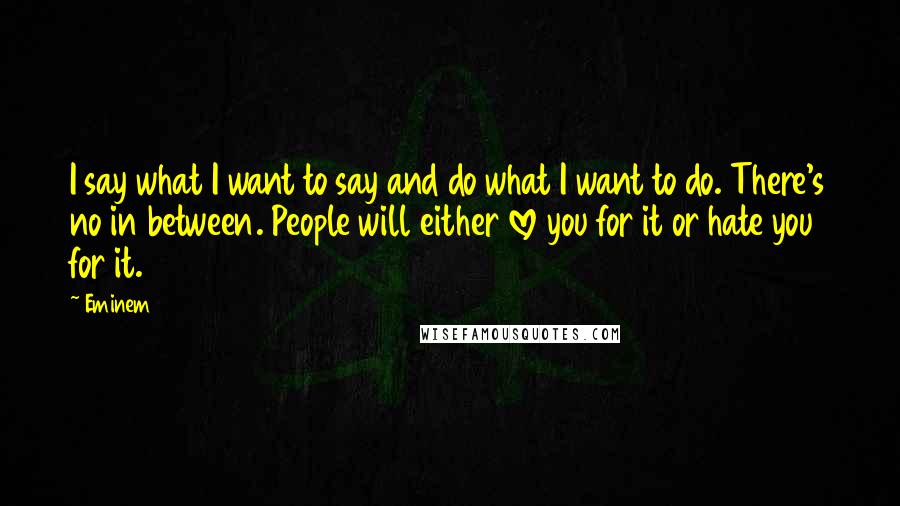 Eminem Quotes: I say what I want to say and do what I want to do. There's no in between. People will either love you for it or hate you for it.