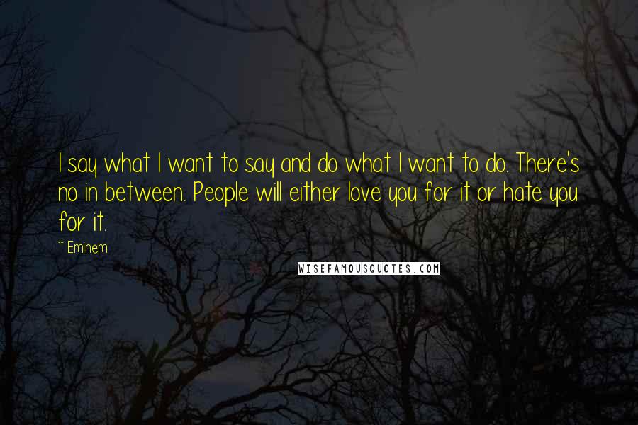 Eminem Quotes: I say what I want to say and do what I want to do. There's no in between. People will either love you for it or hate you for it.