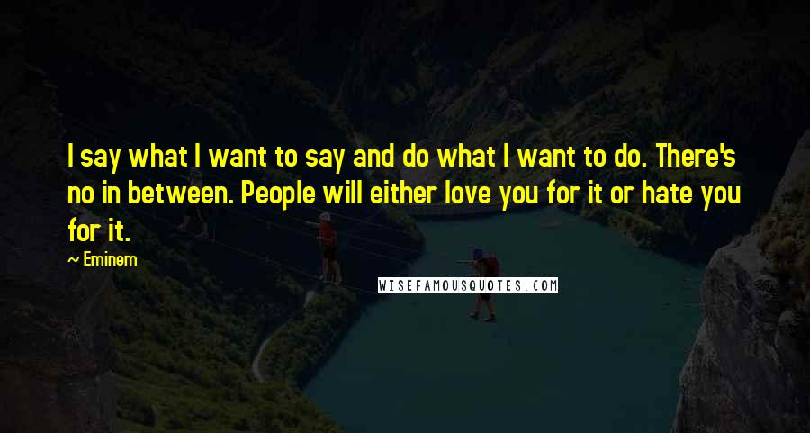 Eminem Quotes: I say what I want to say and do what I want to do. There's no in between. People will either love you for it or hate you for it.