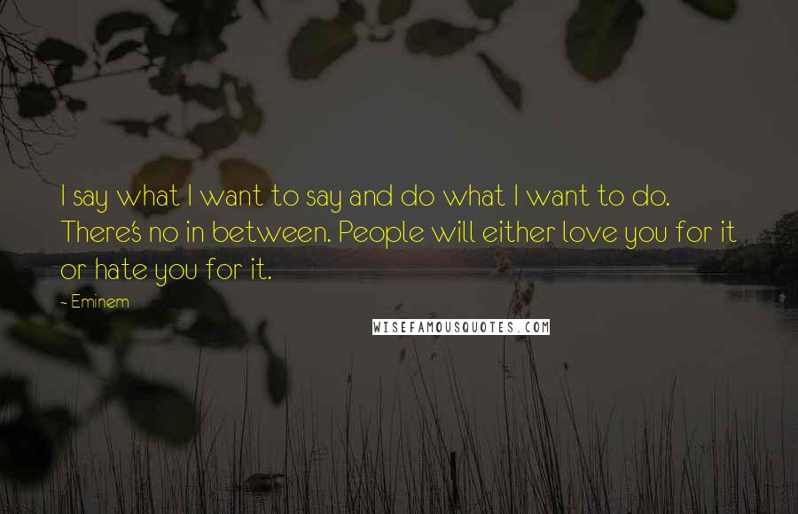 Eminem Quotes: I say what I want to say and do what I want to do. There's no in between. People will either love you for it or hate you for it.