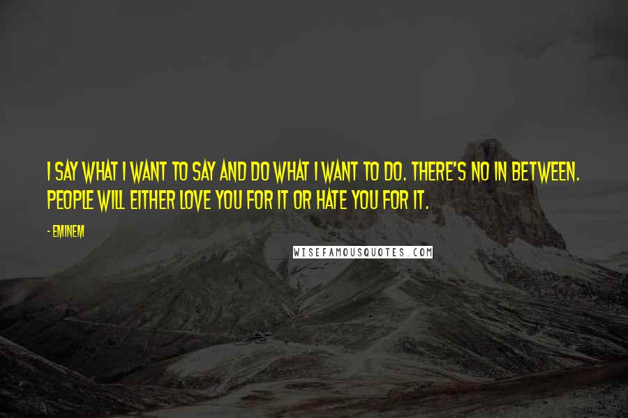 Eminem Quotes: I say what I want to say and do what I want to do. There's no in between. People will either love you for it or hate you for it.