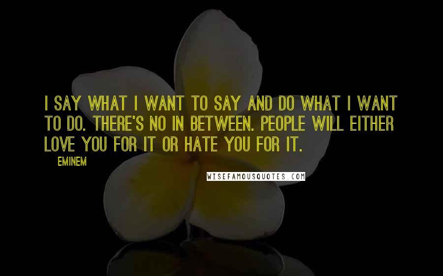 Eminem Quotes: I say what I want to say and do what I want to do. There's no in between. People will either love you for it or hate you for it.