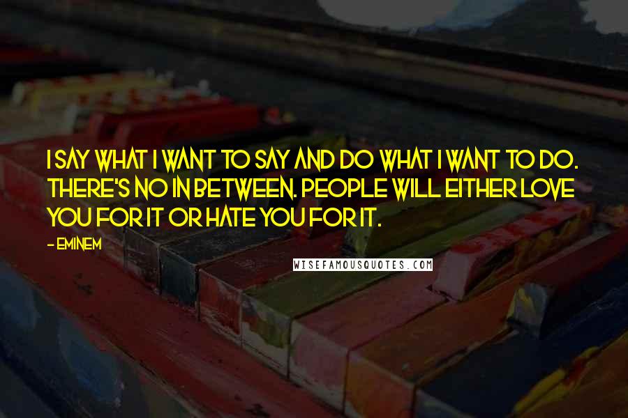 Eminem Quotes: I say what I want to say and do what I want to do. There's no in between. People will either love you for it or hate you for it.