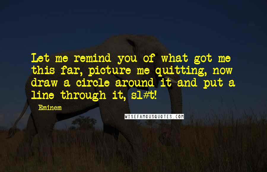 Eminem Quotes: Let me remind you of what got me this far, picture me quitting, now draw a circle around it and put a line through it, sl#t!